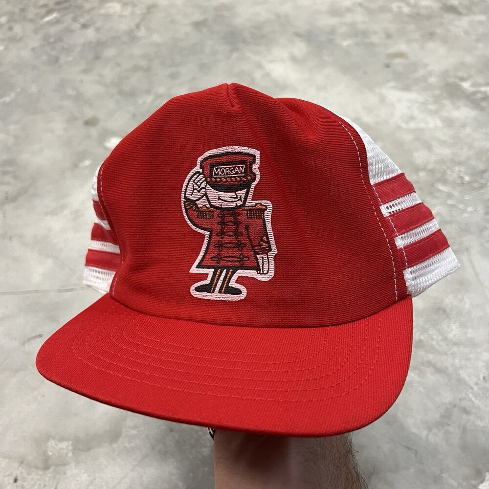 Rare Vintage Three Stripe Snapback Advertising Hat Morgan Mascot Foam Good USA